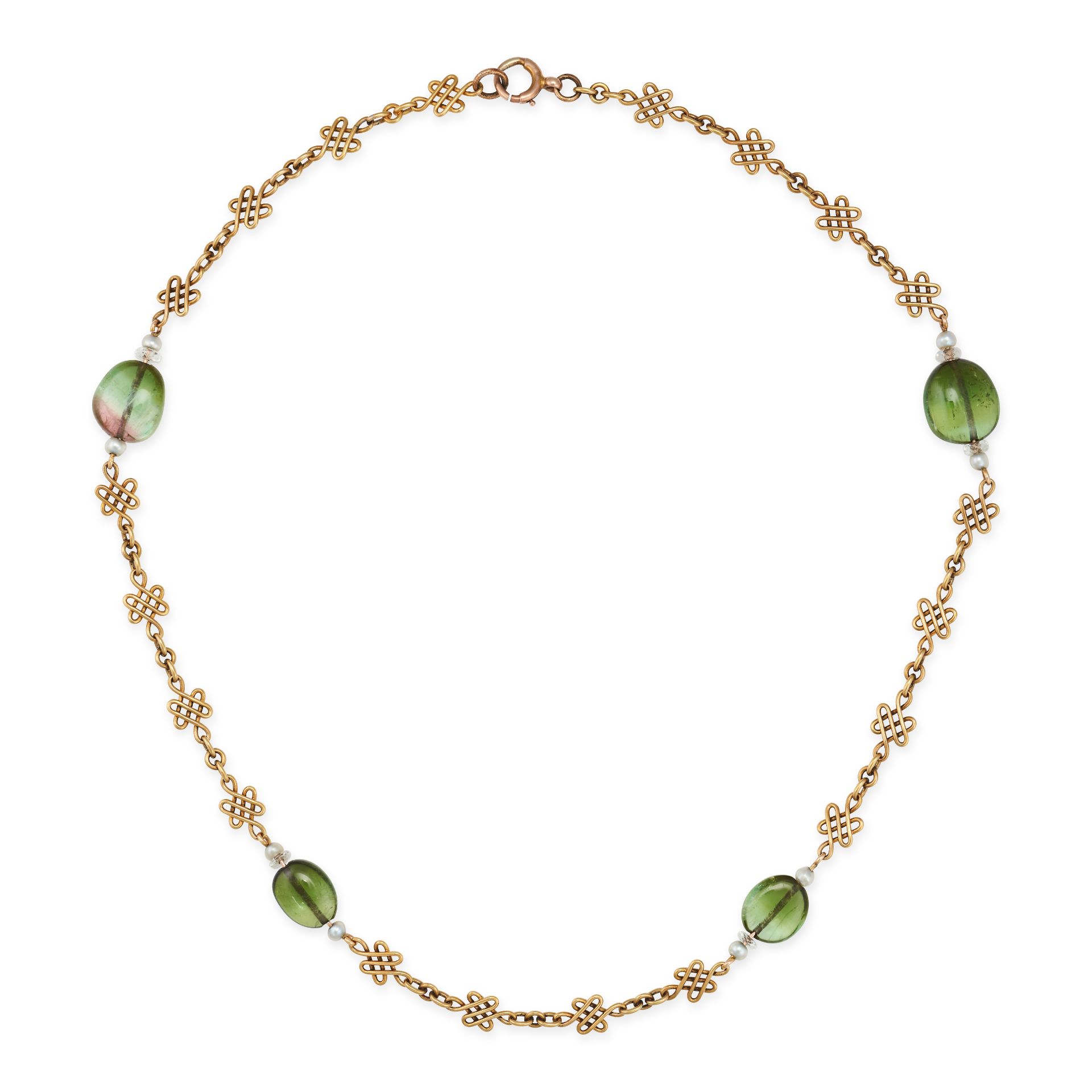 A GREEN TOURMALINE, PEARL AND ROCK CRYSTAL NECKLACE comprising a row of fancy links set with poli...