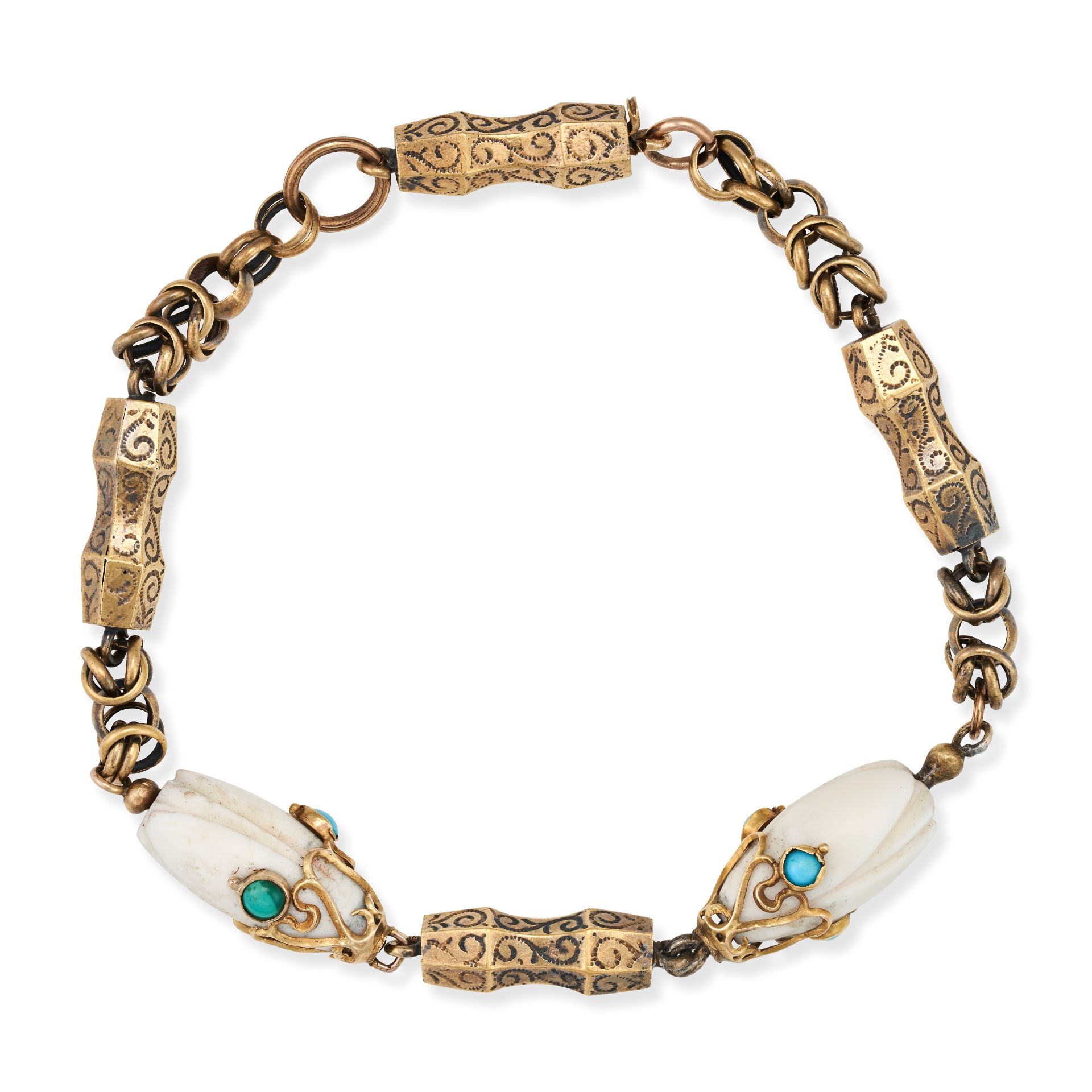 AN ANTIQUE CORAL AND TURQUOISE BRACELET comprising a row of fancy links and batons, set with two ...