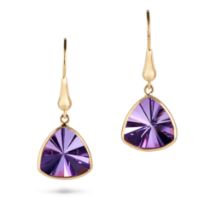 A PAIR OF AMETHYST DROP EARRINGS each suspending a fancy cut amethyst drop, stamped 18K, 3.3cm, 3...