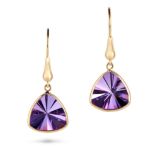 A PAIR OF AMETHYST DROP EARRINGS each suspending a fancy cut amethyst drop, stamped 18K, 3.3cm, 3...