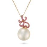 A PEARL AND PINK SAPPHIRE PENDANT NECKLACE the pendant comprising a scrolling motif set with roun...