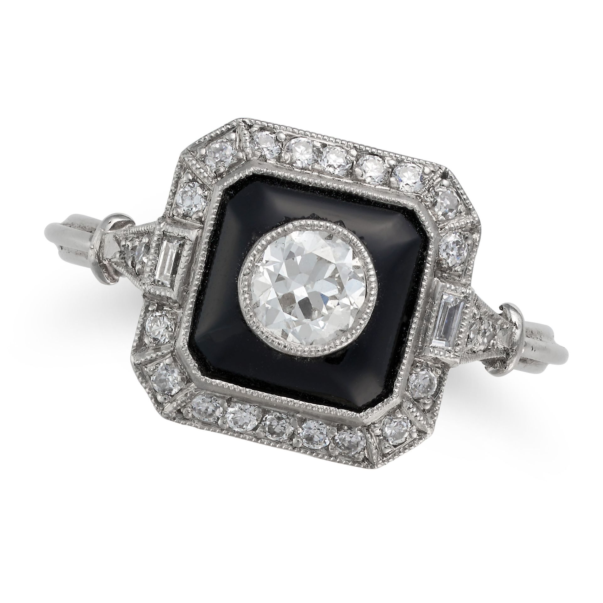 AN ONYX AND DIAMOND DRESS RING comprising a polished onyx set with a round brilliant cut diamond ...