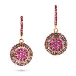 ILEANA MAKRI, A PAIR OF RUBY DROP EARRINGS each comprising a hoop set with round cut rubies, susp...