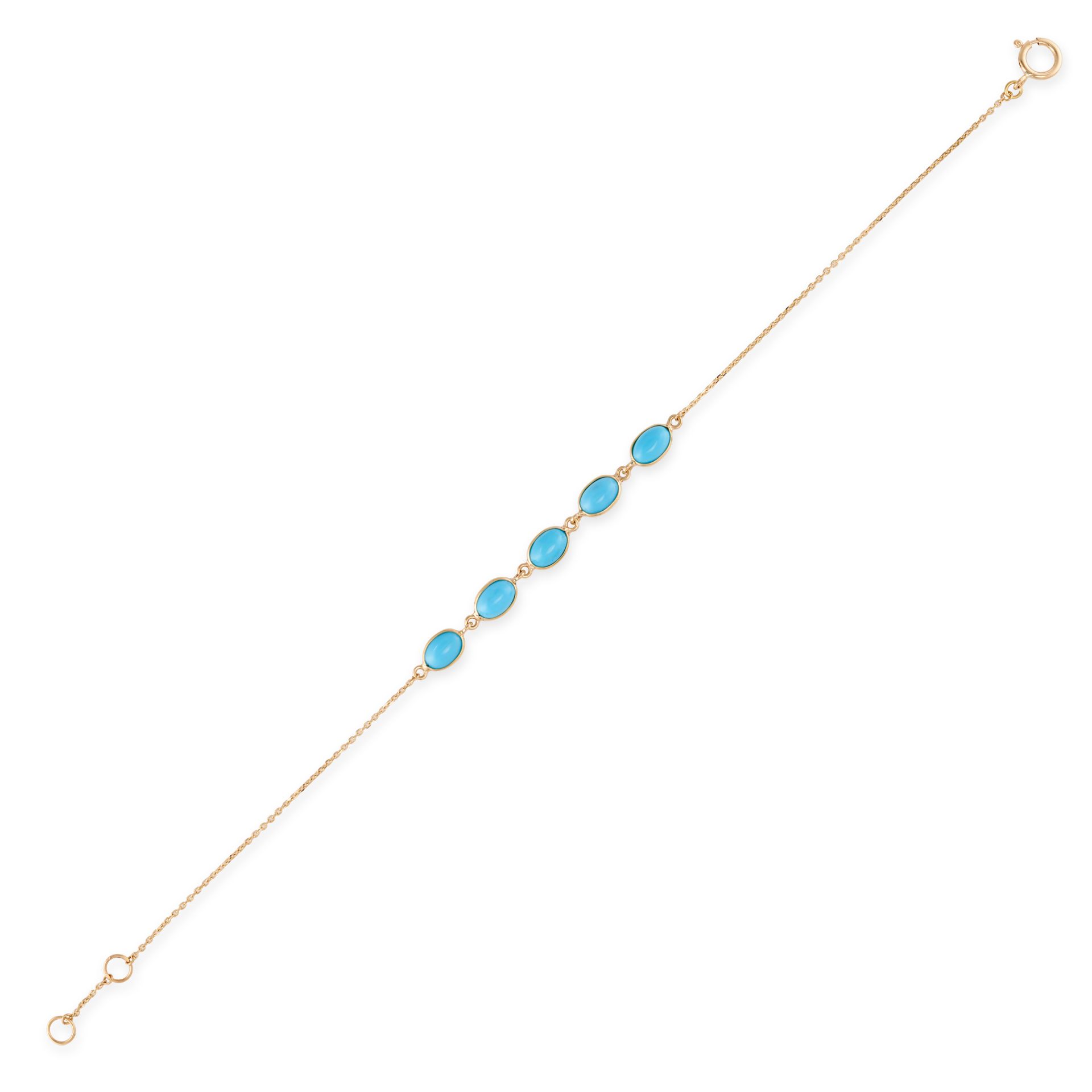 A RECONSTITUTED TURQUOISE BRACELET comprising a trace chain set with five oval cabochon reconstit...