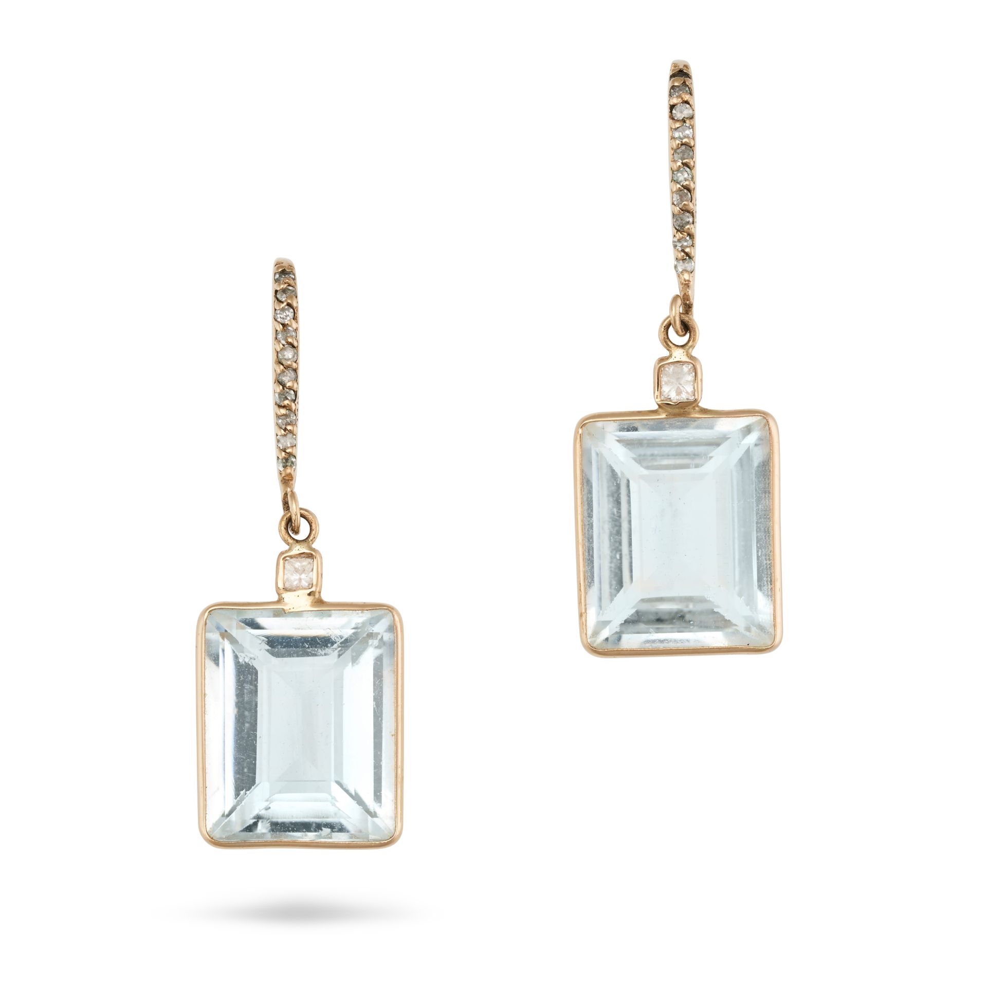 A PAIR OF AQUAMARINE AND DIAMOND DROP EARRINGS each comprising a row of round cut diamonds suspen...