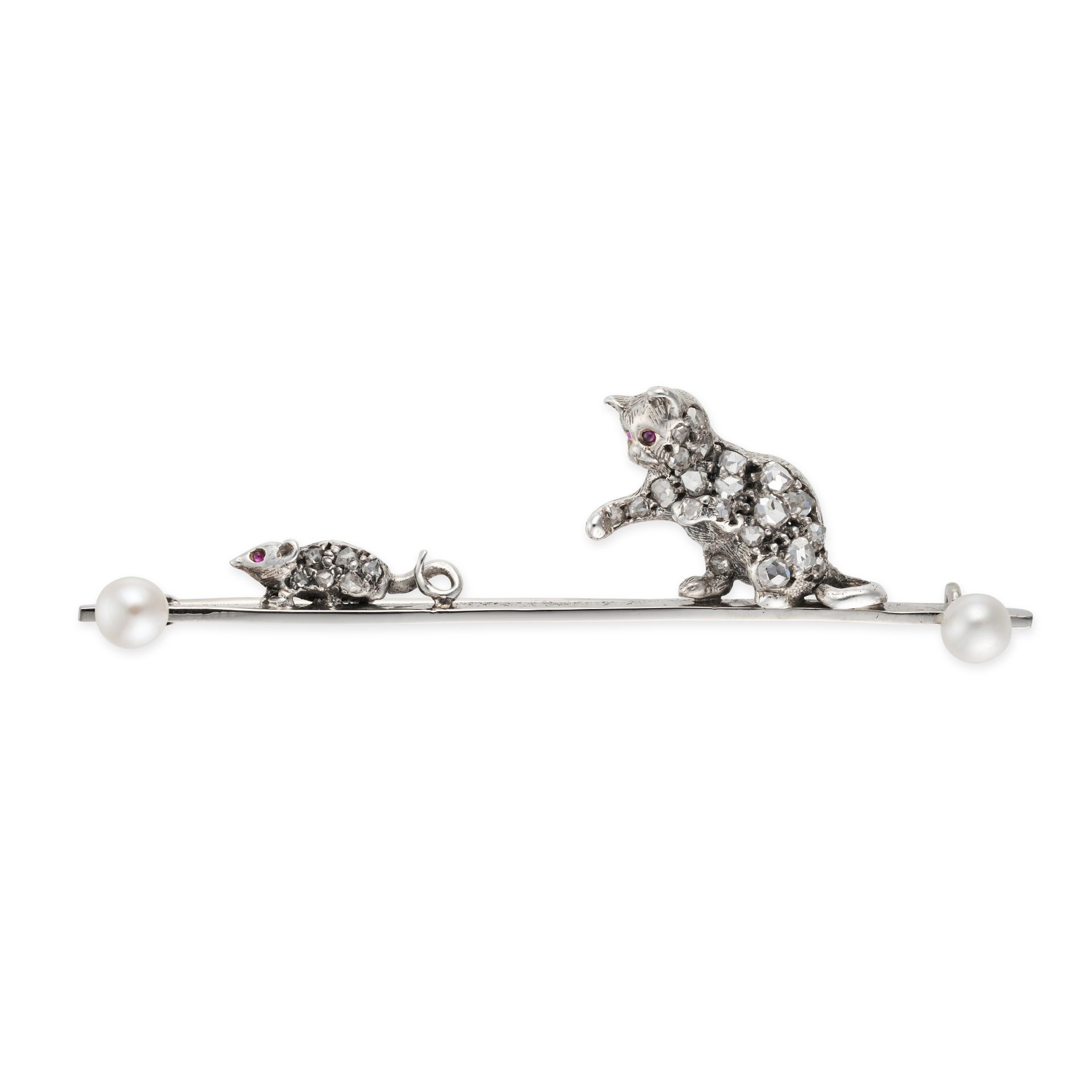 AN ANTIQUE DIAMOND, RUBY AND PEARL CAT AND MOUSE BAR BROOCH designed as a cat chasing a mouse, th...