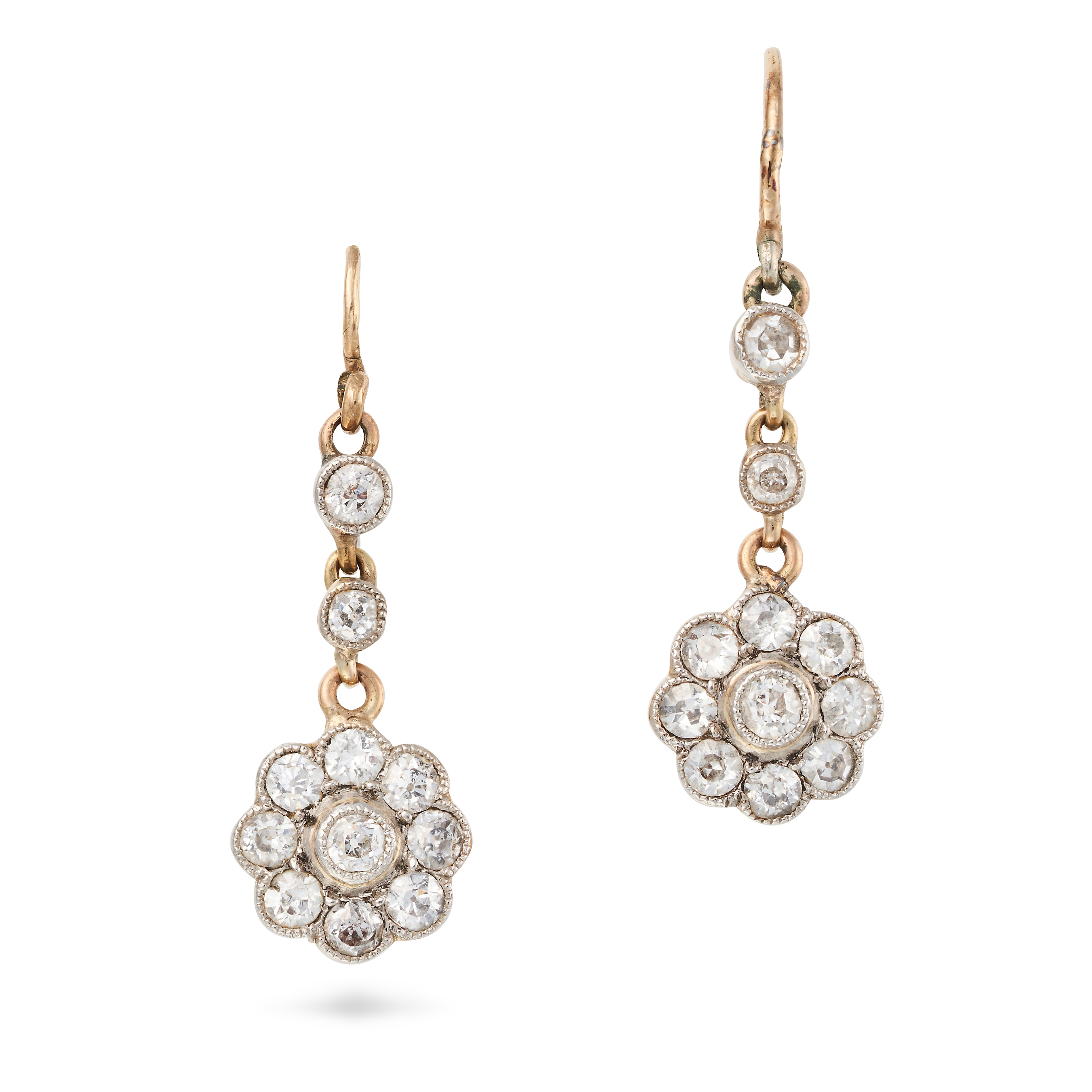 NO RESERVE - A PAIR OF ANTIQUE DIAMOND CLUSTER DROP EARRINGS each comprising a row of old cut dia...