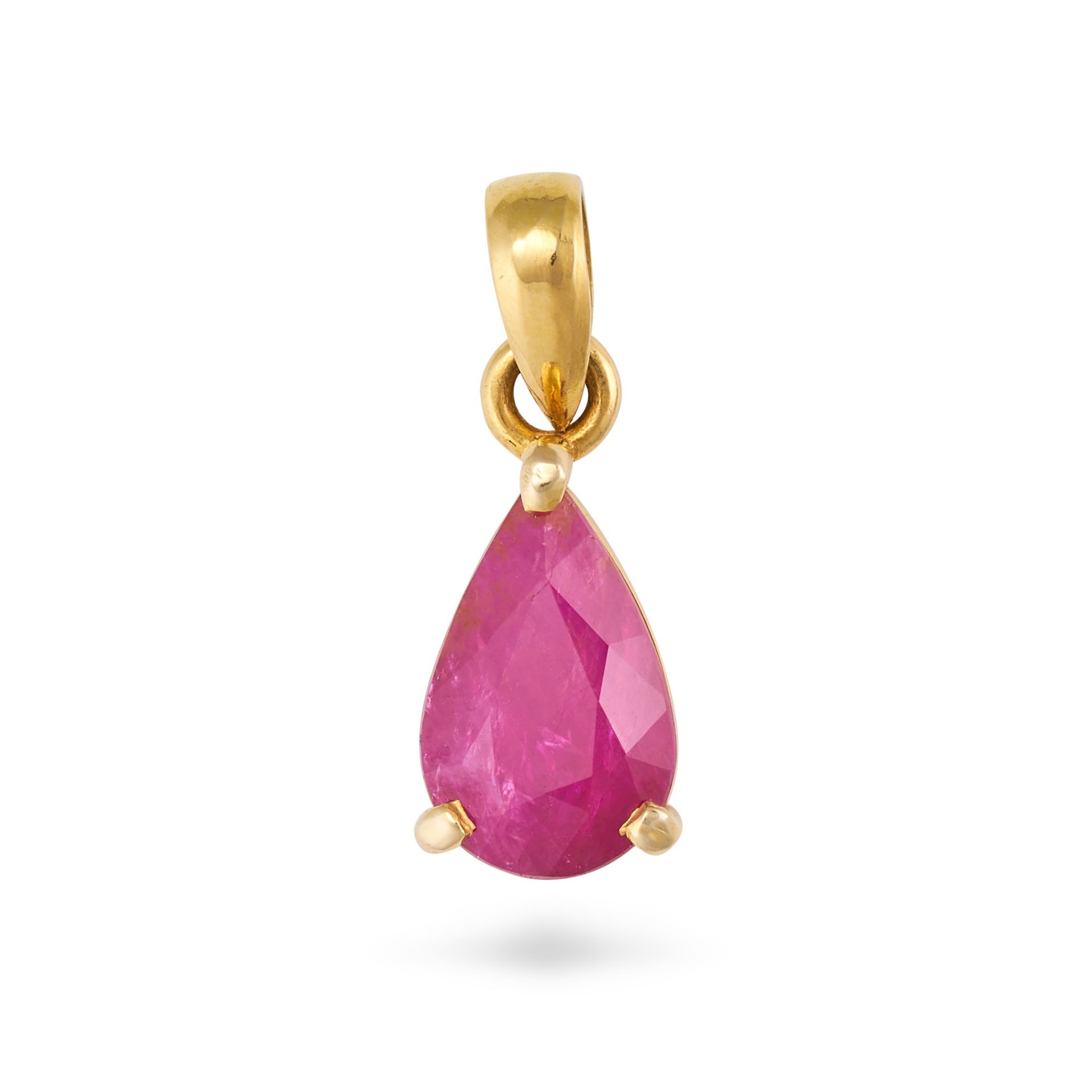 A BURMA NO HEAT RUBY PENDANT set with a pear cut ruby of 3.53 carats, stamped 14K585, 2.0cm, 1.8g...