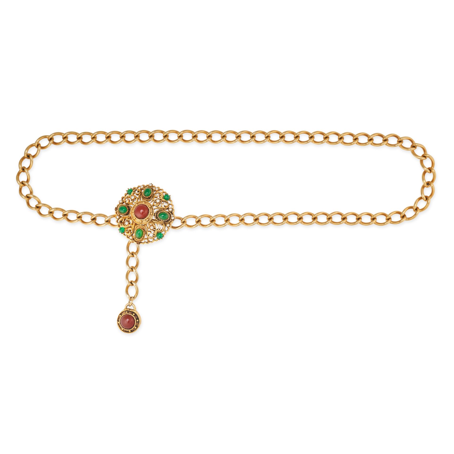 NO RESERVE - A VINTAGE COLOURED GLASS AND FAUX PEARL BELT comprising a curb chain, the openwork c...