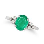 AN EMERALD AND DIAMOND RING set with an oval cut emerald of approximately 1.98 carats, accented o...