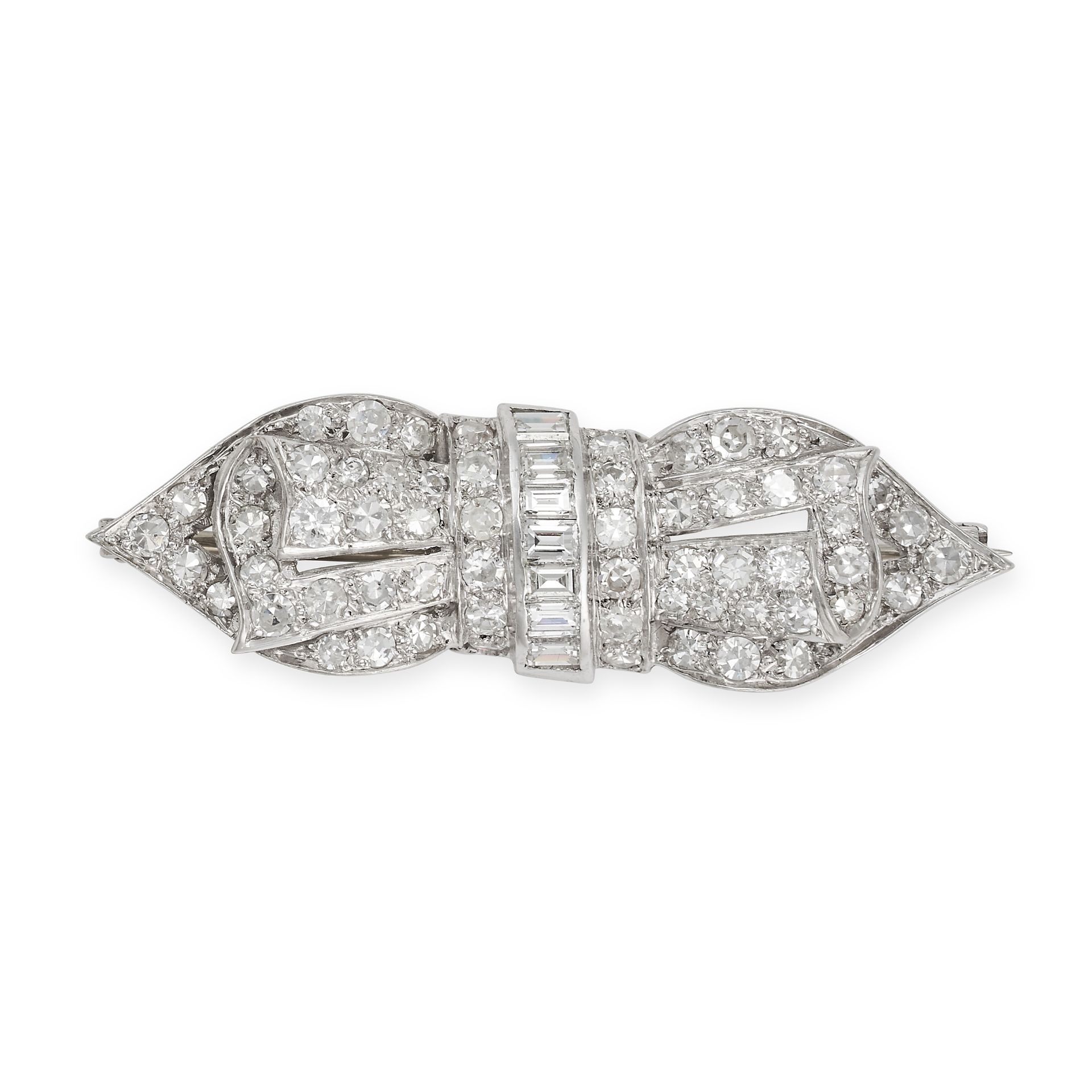 A DIAMOND BOW BROOCH designed as a bow set throughout with baguette and single cut diamonds, the ...