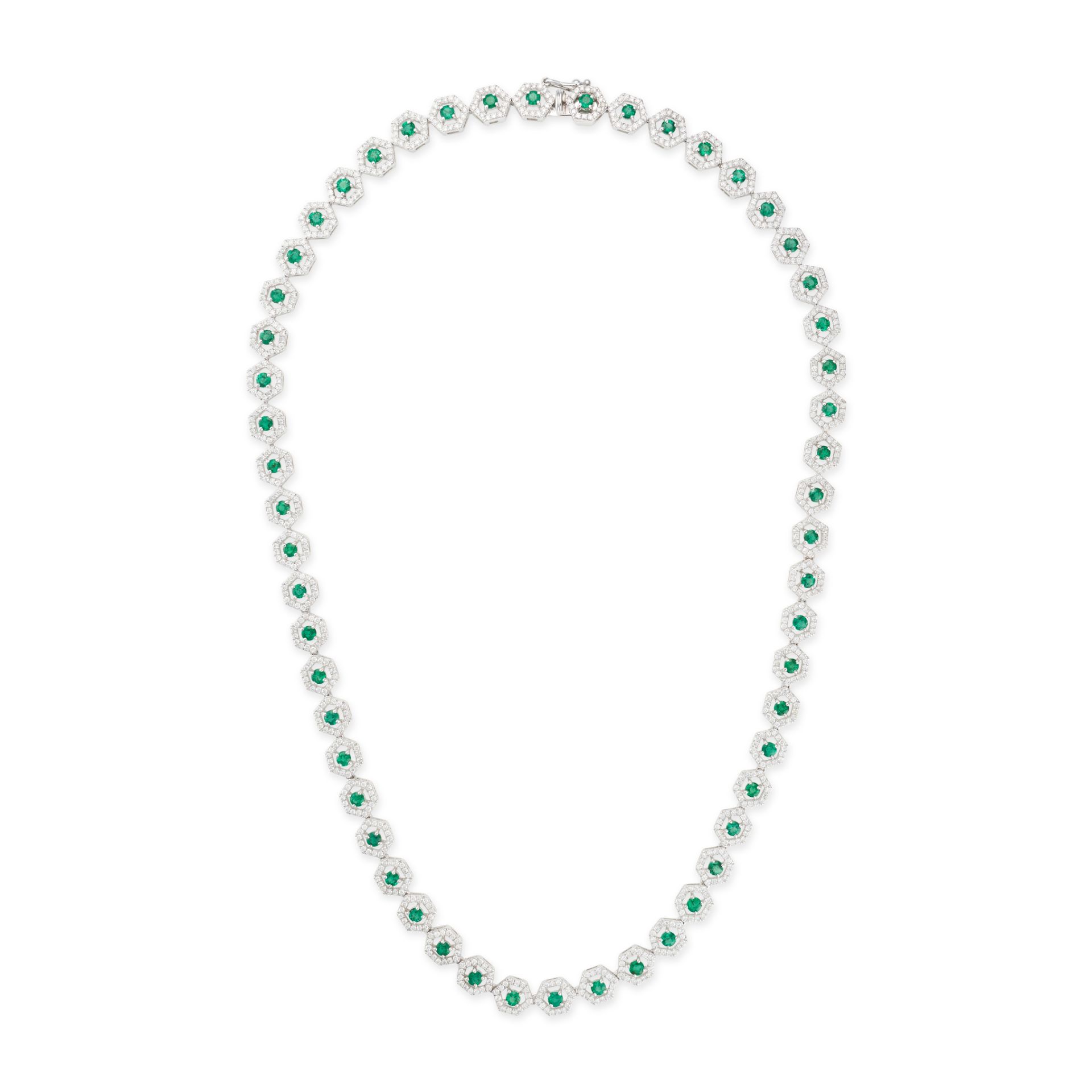 AN EMERALD AND DIAMOND NECKLACE comprising a row of round cut emeralds in borders of round brilli...