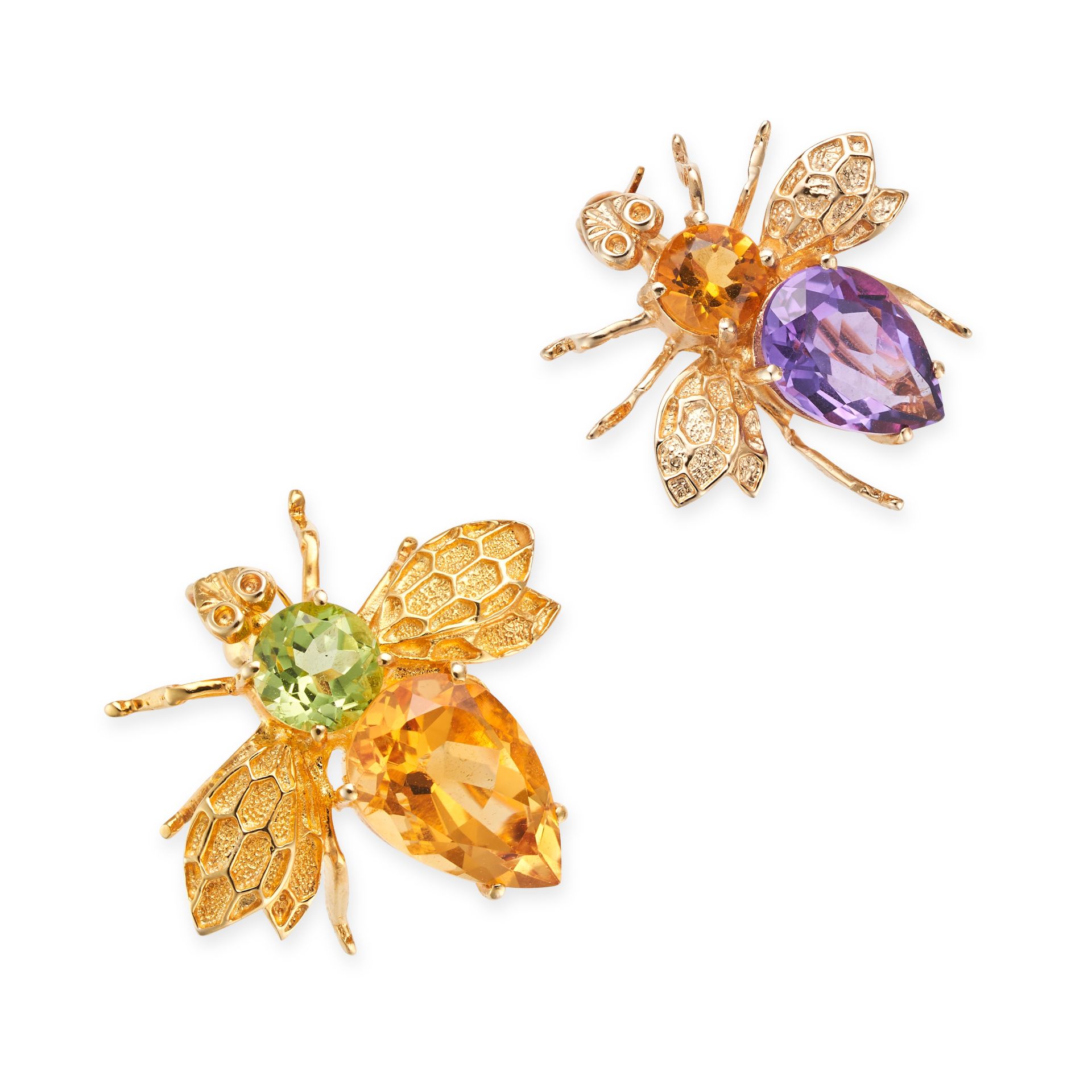 NO RESERVE - A PAIR OF GEMSET BEE BROOCHES the larger bee set with a round cut peridot and a pear...