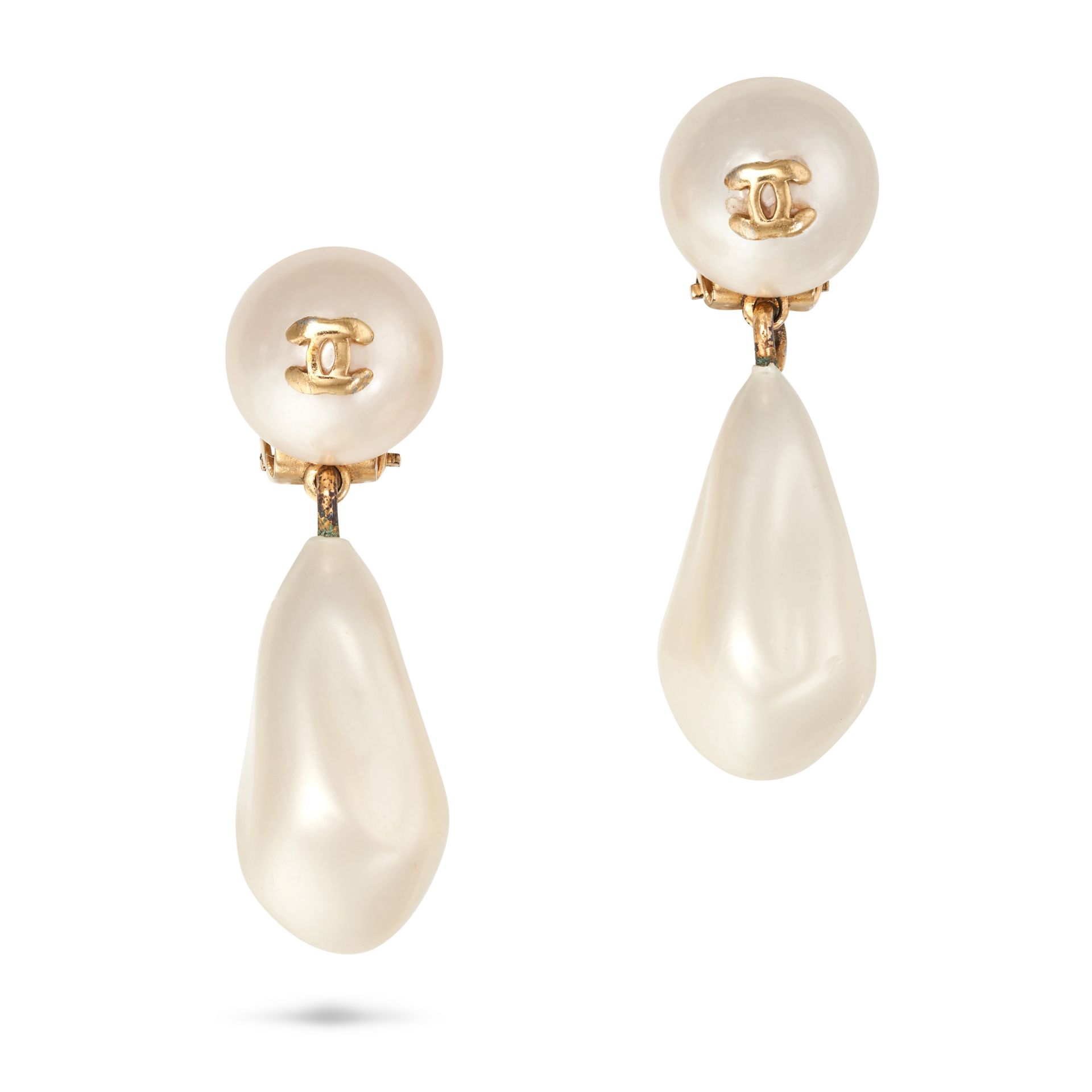 NO RESERVE - CHANEL, A PAIR OF VINTAGE FAUX PEARL DROP CLIP EARRINGS each comprising a faux mabe ...
