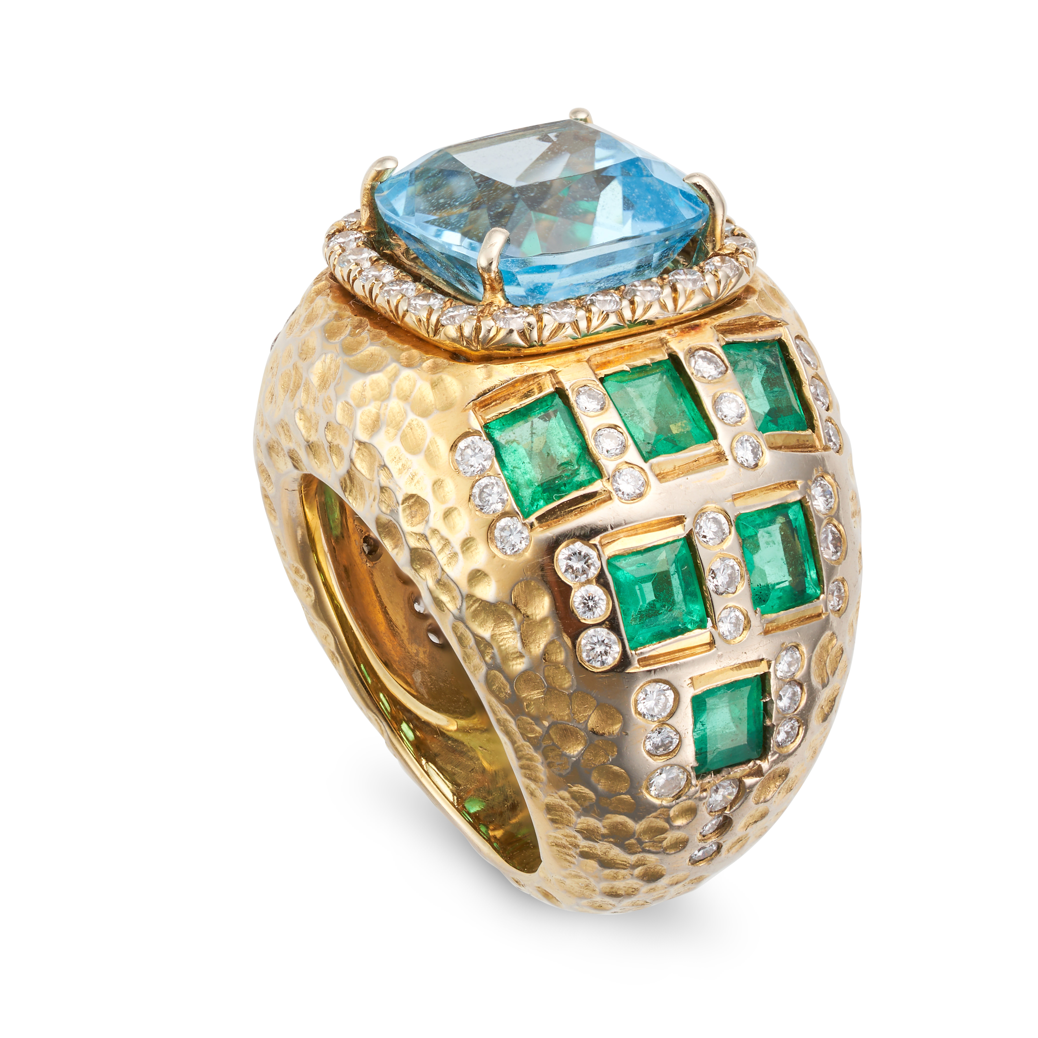 A BLUE TOPAZ, EMERALD AND DIAMOND BOMBE RING set with a cushion cut blue topaz in a border of rou... - Image 2 of 2