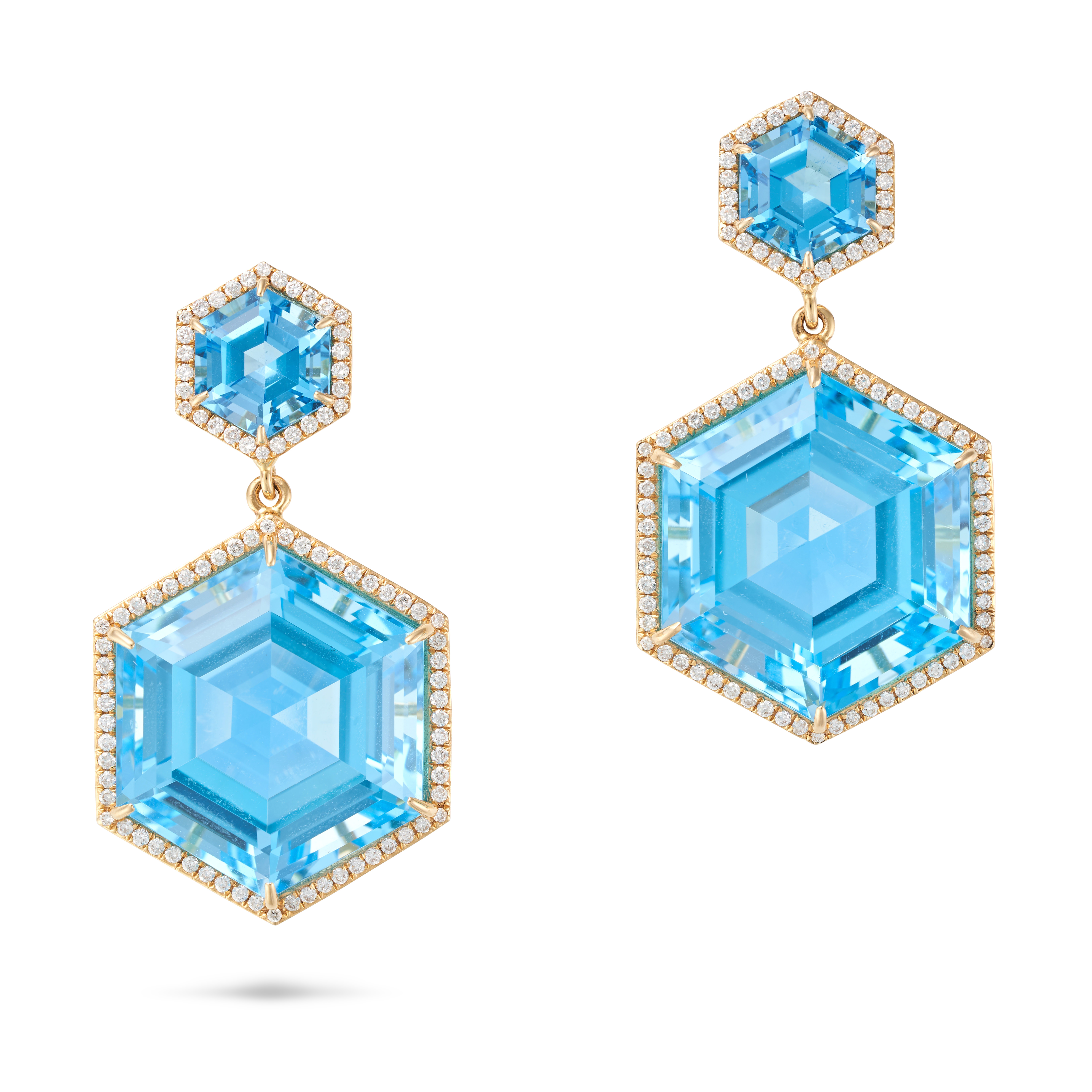 A PAIR OF BLUE TOPAZ AND DIAMOND DROP EARRINGS each set with a hexagonal step cut blue topaz in a...