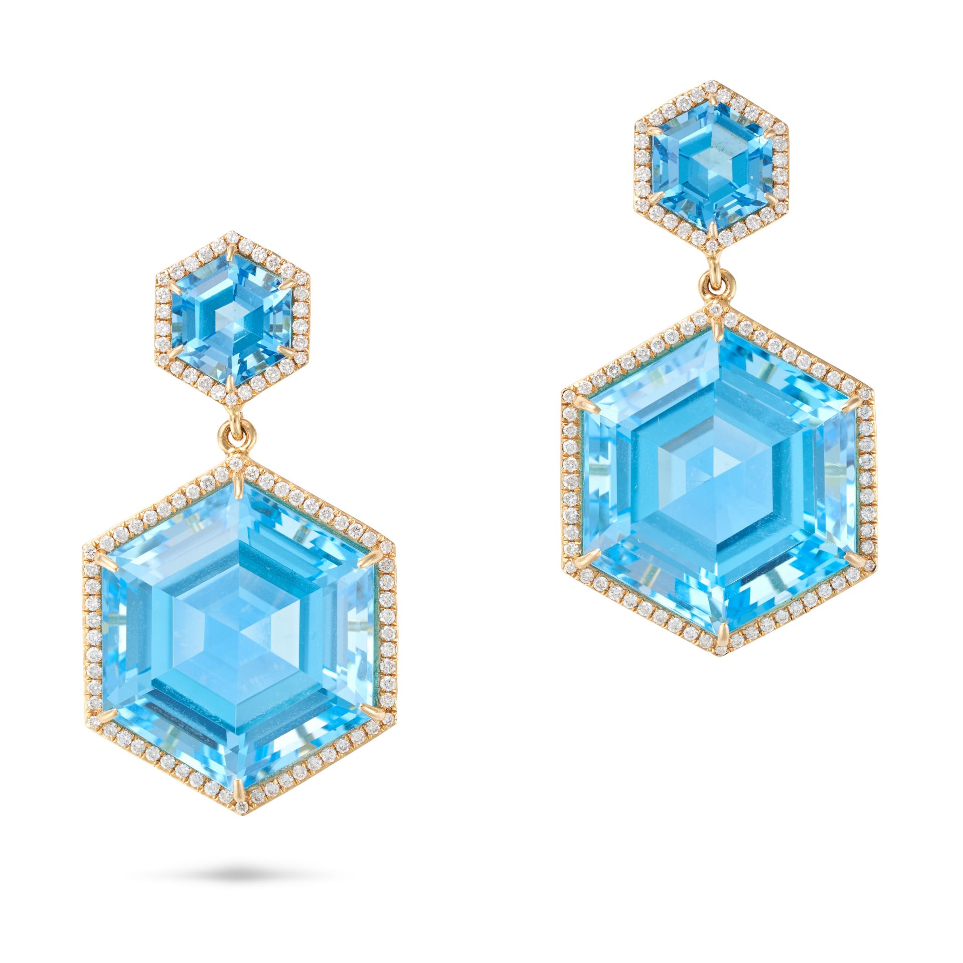 A PAIR OF BLUE TOPAZ AND DIAMOND DROP EARRINGS each set with a hexagonal step cut blue topaz in a...