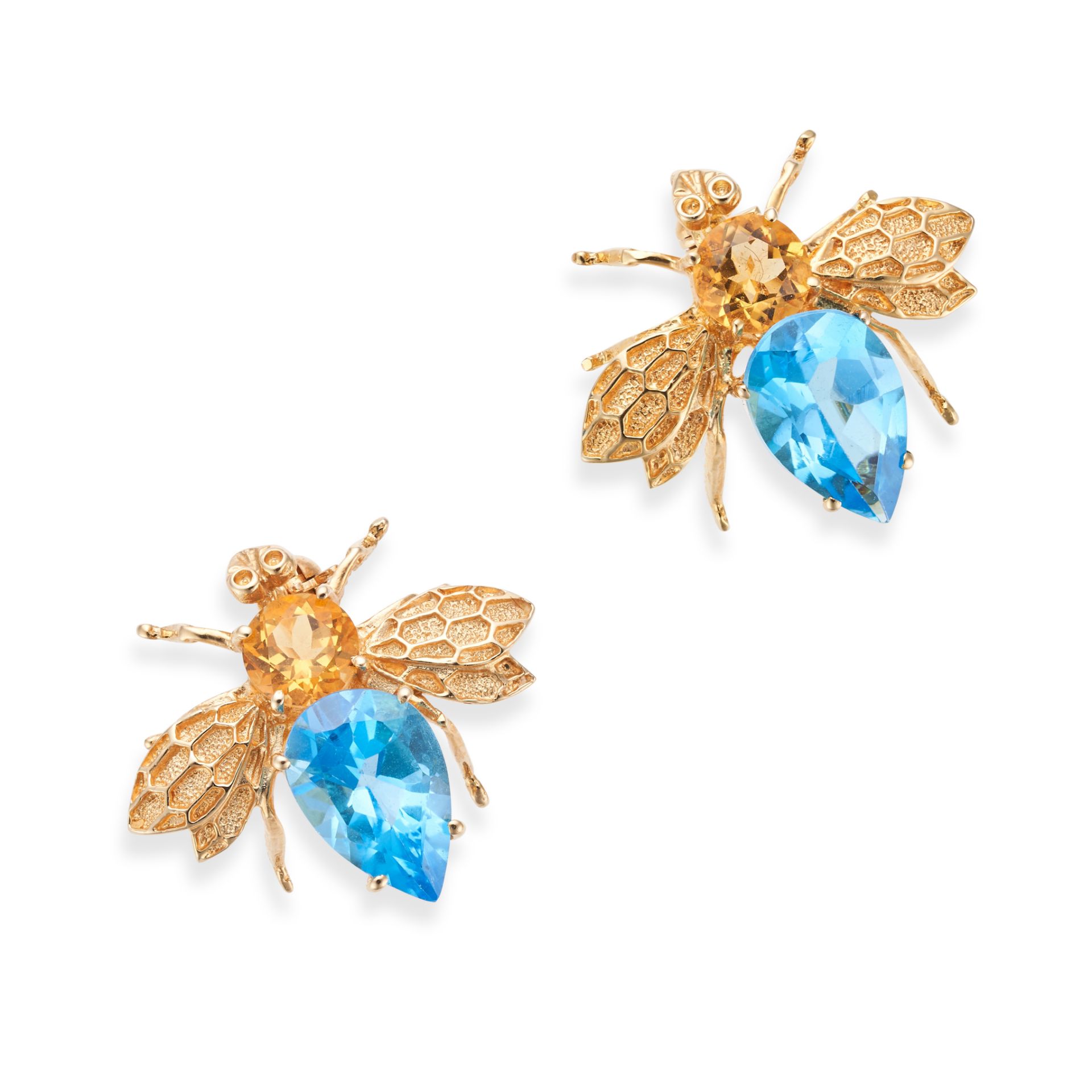 NO RESERVE - A PAIR OF BLUE TOPAZ AND CITRINE BEE BROOCHES each in identical design, set with a r...