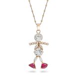 A RUBY AND DIAMOND PENDANT NECKLACE the pendant designed as a stick figure set with two principal...