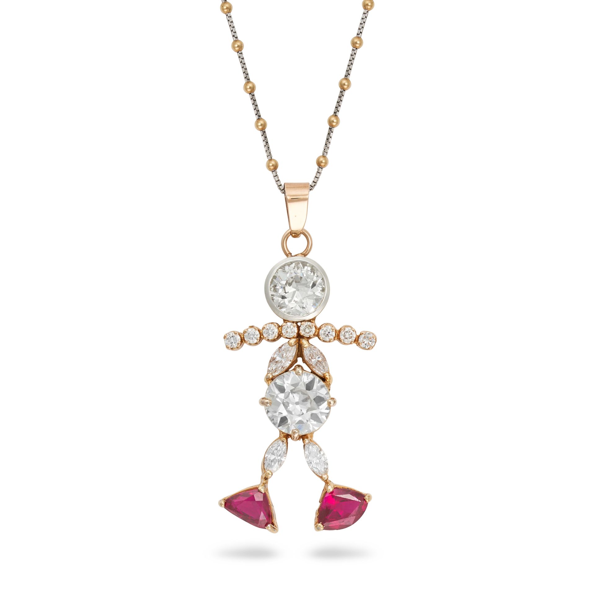 A RUBY AND DIAMOND PENDANT NECKLACE the pendant designed as a stick figure set with two principal...