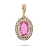 A PINK SAPPHIRE AND DIAMOND PENDANT in 18ct yellow gold, set with an oval cut pink sapphire of ap...
