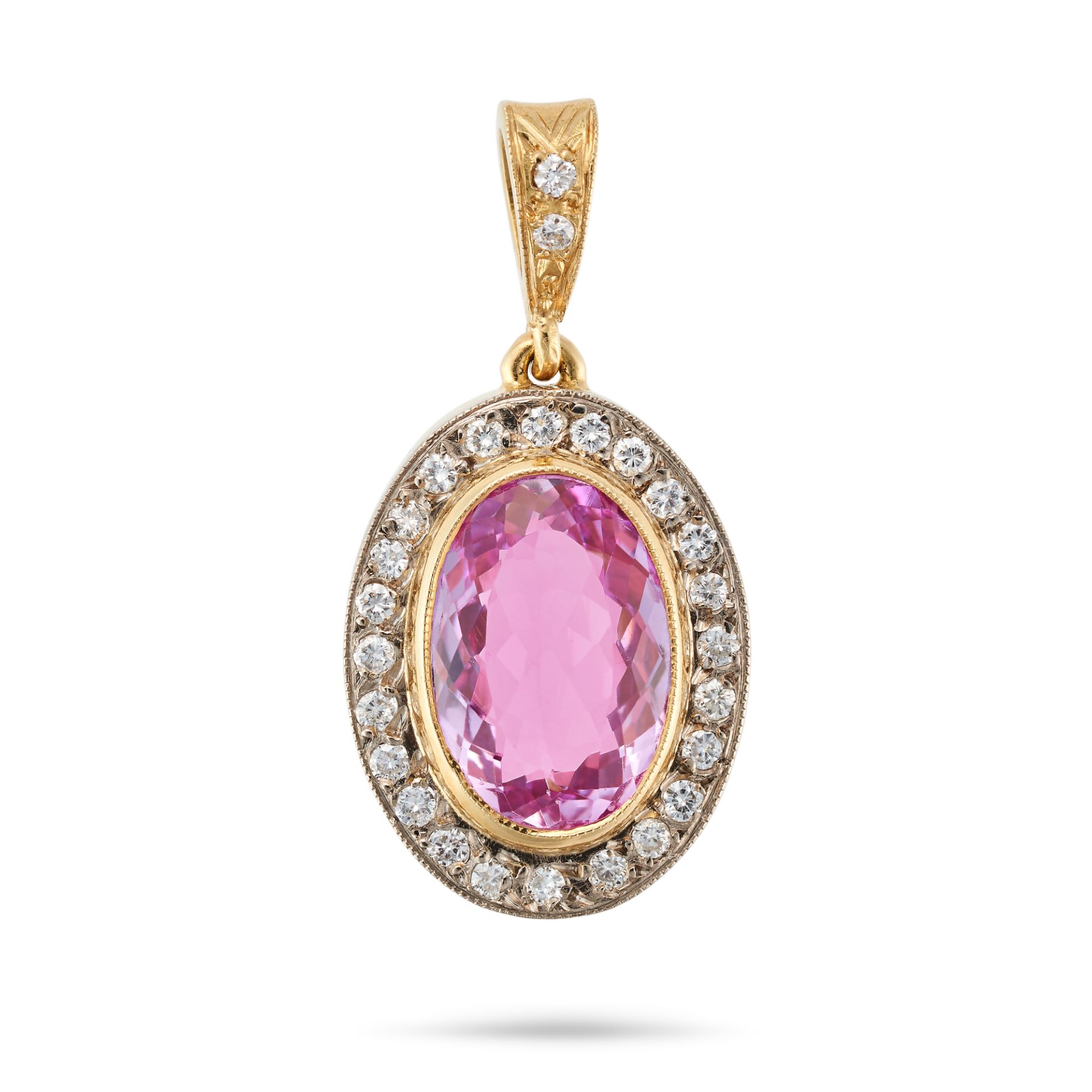 A PINK SAPPHIRE AND DIAMOND PENDANT in 18ct yellow gold, set with an oval cut pink sapphire of ap...