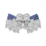 A RETRO SAPPHIRE AND DIAMOND DOUBLE CLIP BROOCH designed as a stylised bow set throughout with ro...
