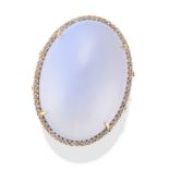 A LILAC CHALCEDONY AND DIAMOND RING set with an oval cabochon lilac chalcedony in a border of rou...