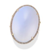 A LILAC CHALCEDONY AND DIAMOND RING set with an oval cabochon lilac chalcedony in a border of rou...