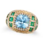 A BLUE TOPAZ, EMERALD AND DIAMOND BOMBE RING set with a cushion cut blue topaz in a border of rou...
