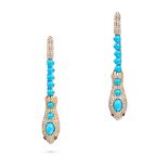 A PAIR OF TURQUOISE, DIAMOND AND SAPPHIRE SNAKE EARRINGS the tail pave set with round cut diamond...