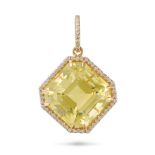 A LEMON QUARTZ AND DIAMOND PENDANT set with an octagonal step cut lemon quartz of 20.02 carats in...