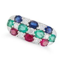 A RUBY, EMERALD, SAPPHIRE AND DIAMOND DRESS RING in 18ct white gold, in checkerboard design set w...