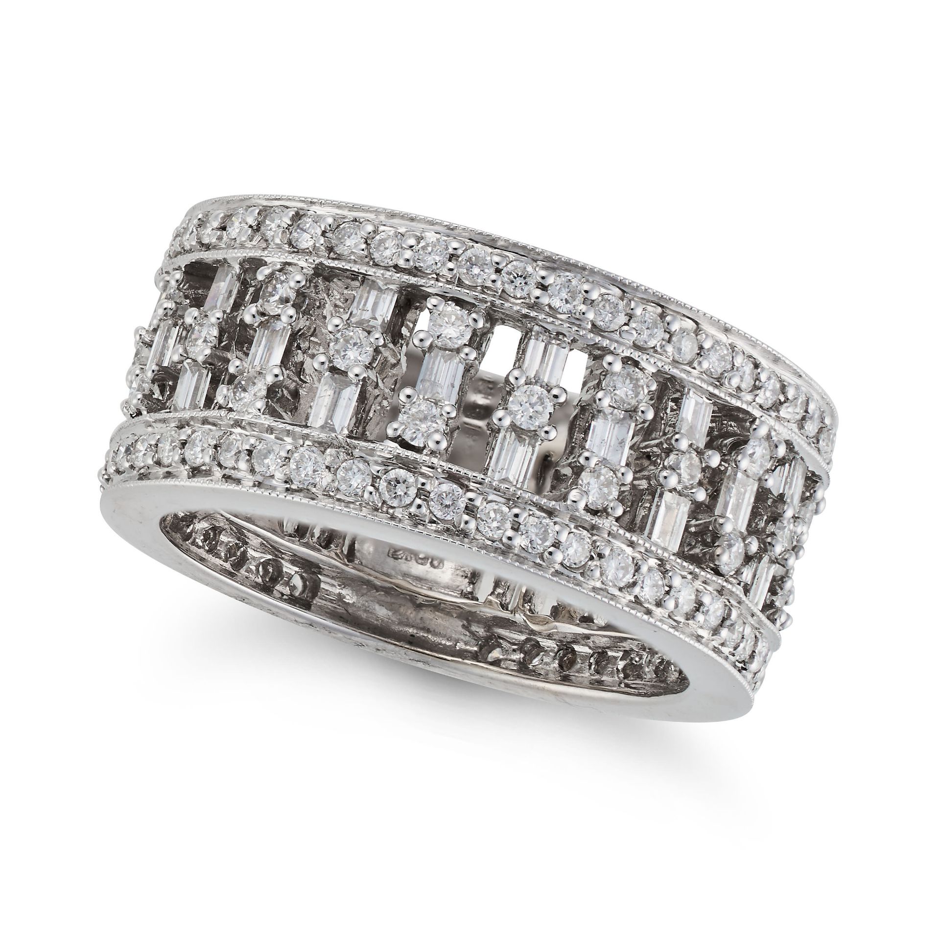 A DIAMOND DRESS RING the openwork ring set with round brilliant and baguette cut diamonds, accent...