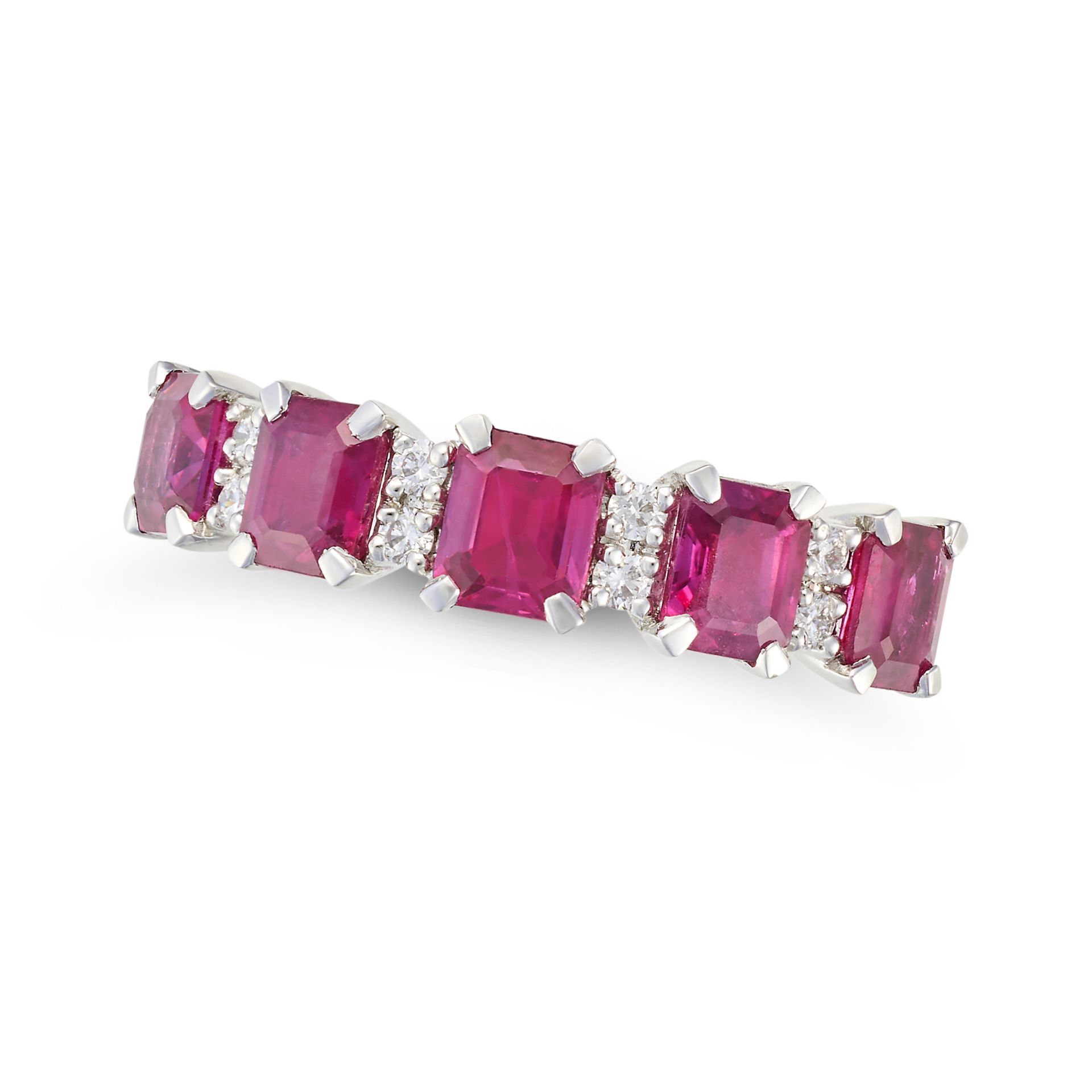 A RUBY AND DIAMOND RING in platinum, set with a row of octagonal step cut rubies accented by pair...