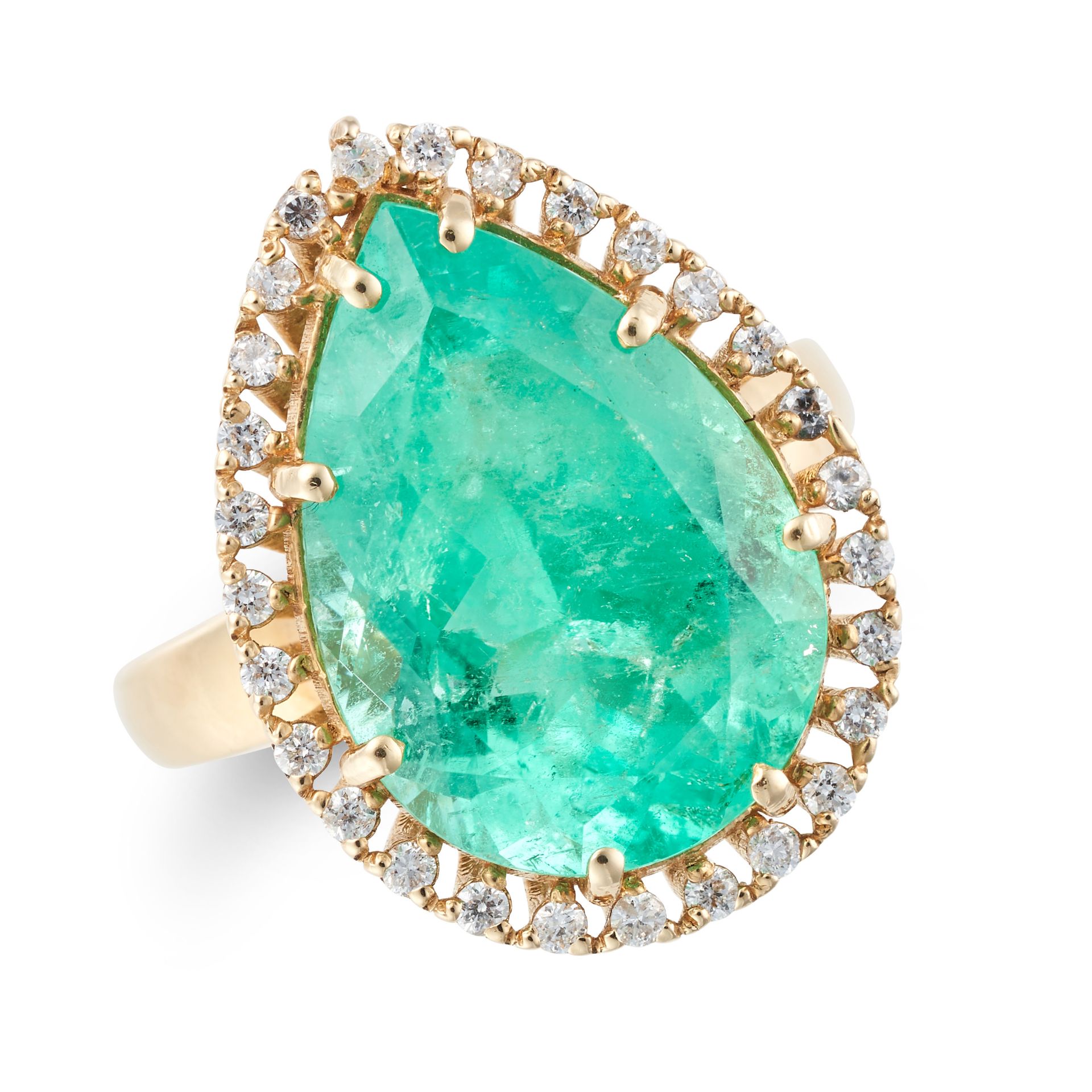 A COLOMBIAN EMERALD AND DIAMOND RING set with a pear cut emerald of approximately 8.50 carats in ...