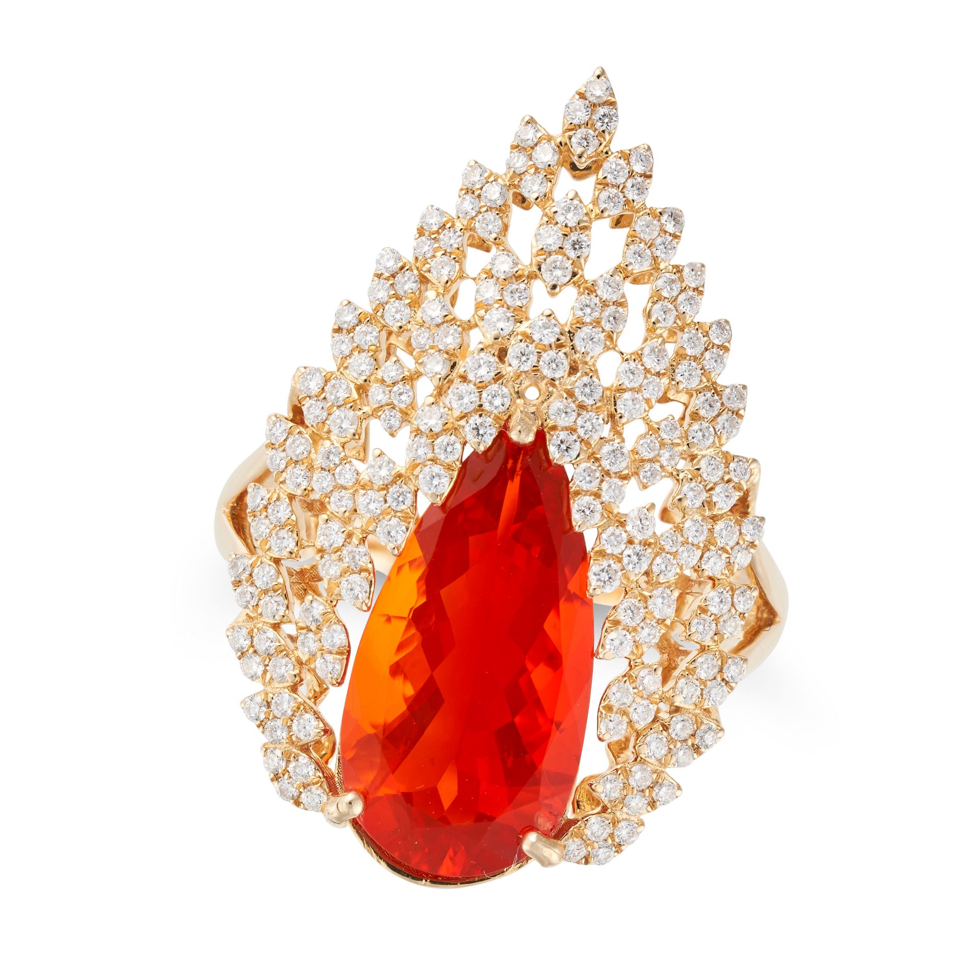 A FIRE OPAL AND DIAMOND DRESS RING set with a pear cut fire opal of 3.24 carats accented by round...