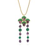 NO RESERVE - CHRISTIAN DIOR, A VINTAGE PURPLE AND GREEN GLASS NECKLACE the pendant set with fancy...