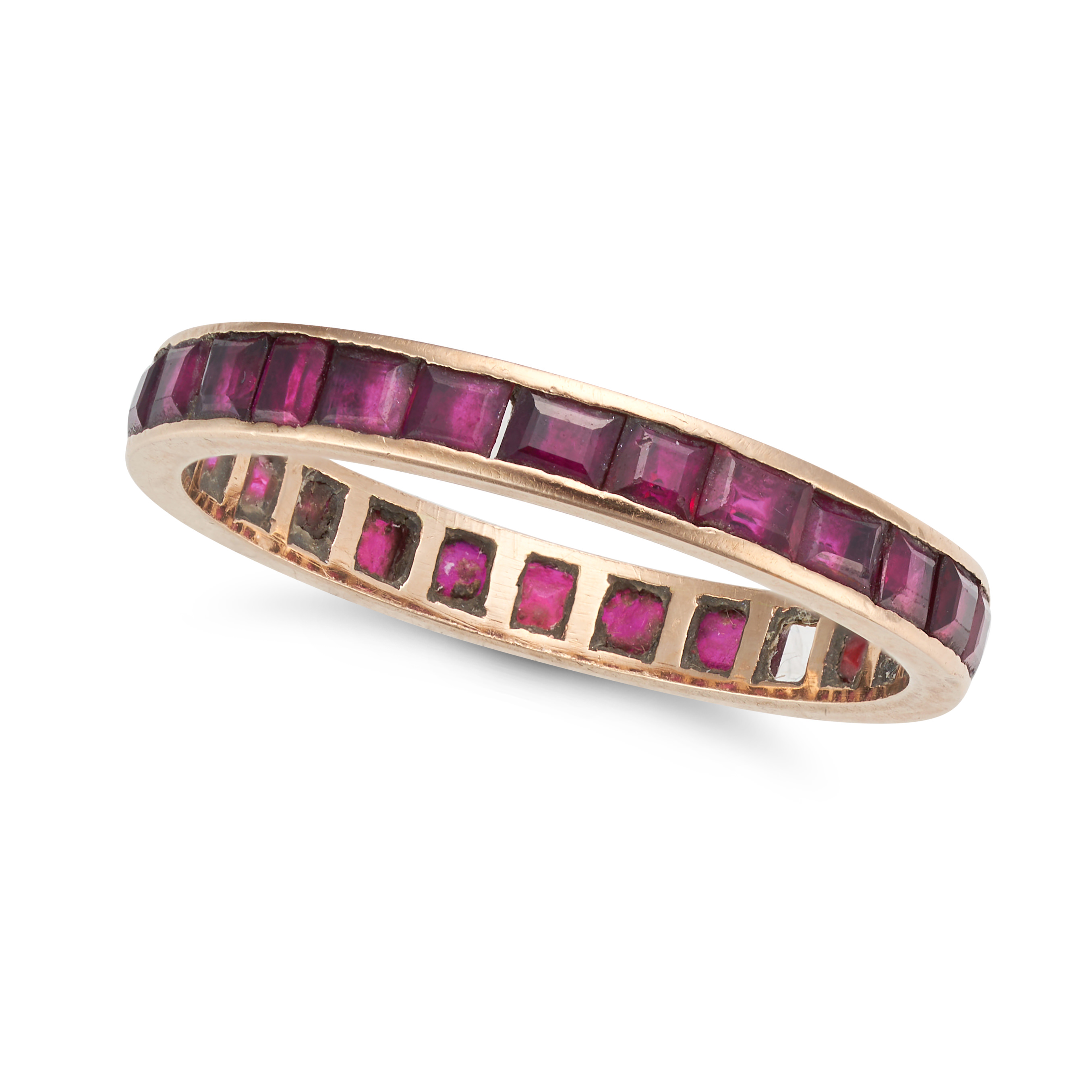 NO RESERVE - A RUBY ETERNITY RING set all around with a row of square step cut rubies, one stone ...
