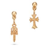 CHROME HEARTS, A PAIR OF DROP EARRINGS in 22ct gold, comprising a Baby Fat Cross earring and a Sw...