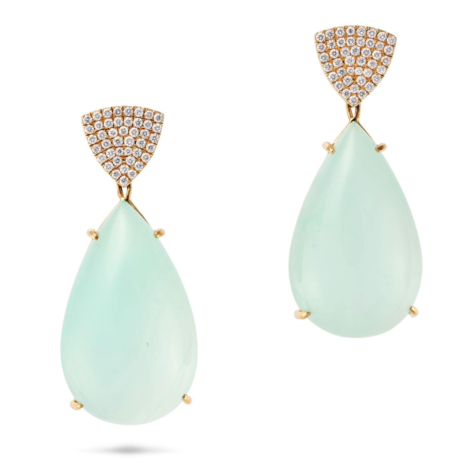 A PAIR OF AQUA CHALCEDONY AND DIAMOND DROP EARRINGS each pave set with round cut diamonds, suspen...