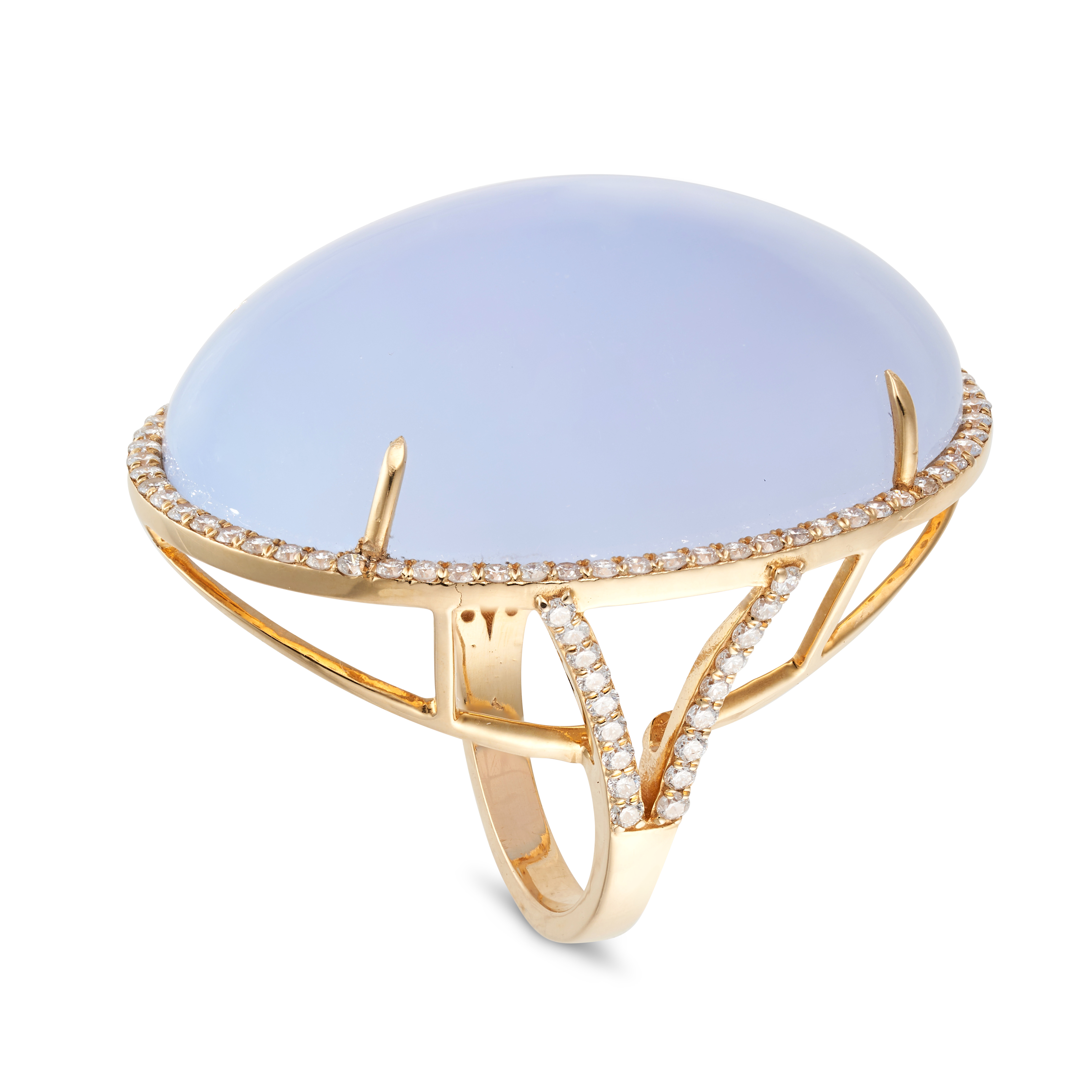 A LILAC CHALCEDONY AND DIAMOND RING set with an oval cabochon lilac chalcedony in a border of rou... - Image 2 of 2