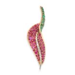A VINTAGE FRENCH, RUBY EMERALD AND DIAMOND BROOCH in 18ct yellow gold, designed as a leaf set wit...