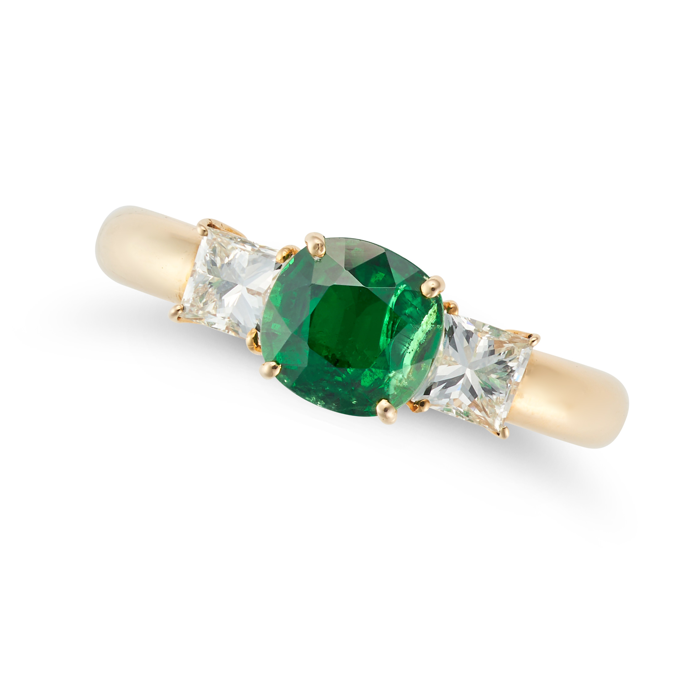 A TSAVORITE AND DIAMOND THREE STONE RING set with a cushion cut tsavorite garnet of 1.48 carats a...