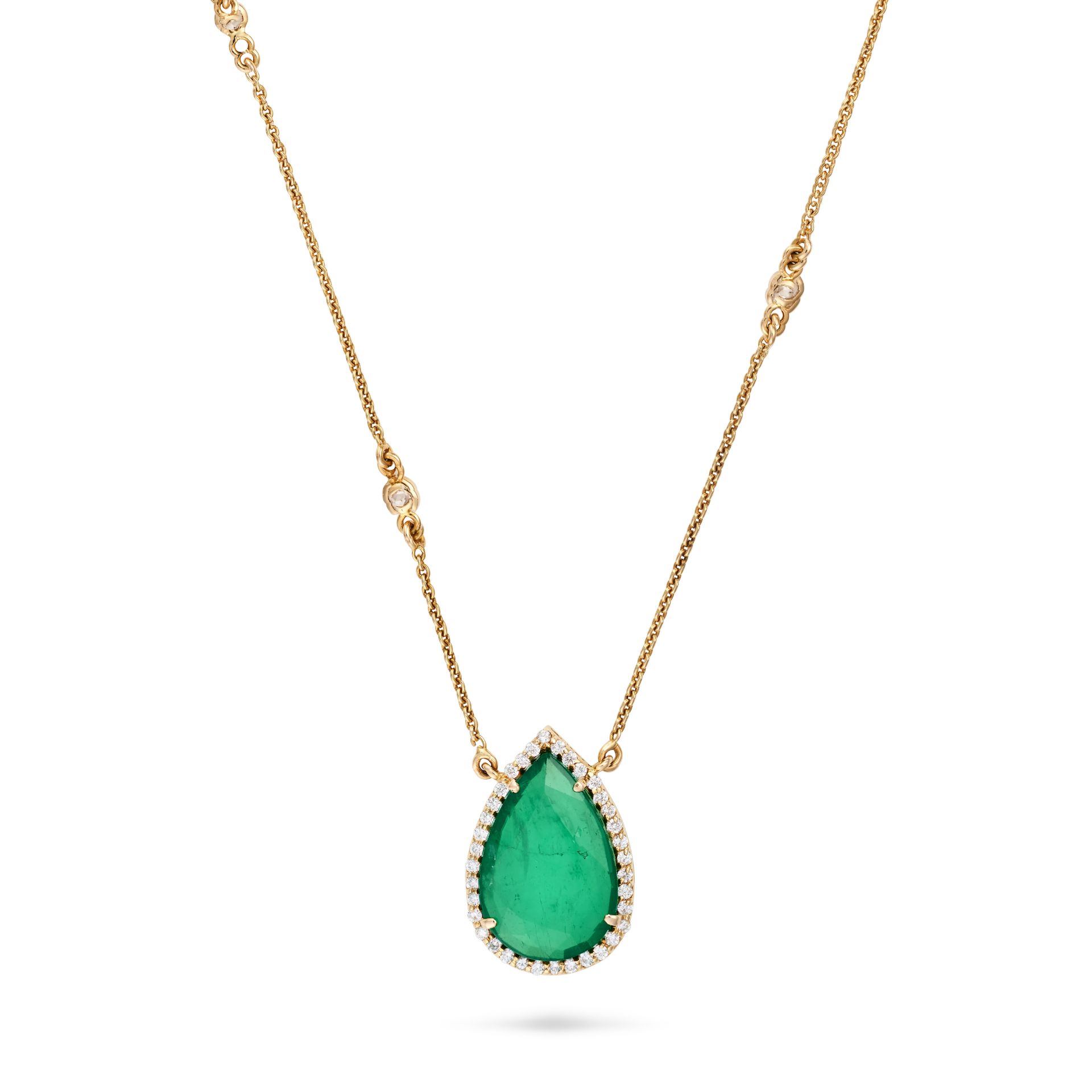 AN EMERALD AND DIAMOND PENDANT NECKLACE the pendant set with a pear cut emerald of 7.76 carats in... - Image 2 of 2