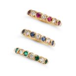 NO RESERVE - A SET OF THREE SAPPHIRE, RUBY, EMERALD AND DIAMOND RINGS set with round cut sapphire...