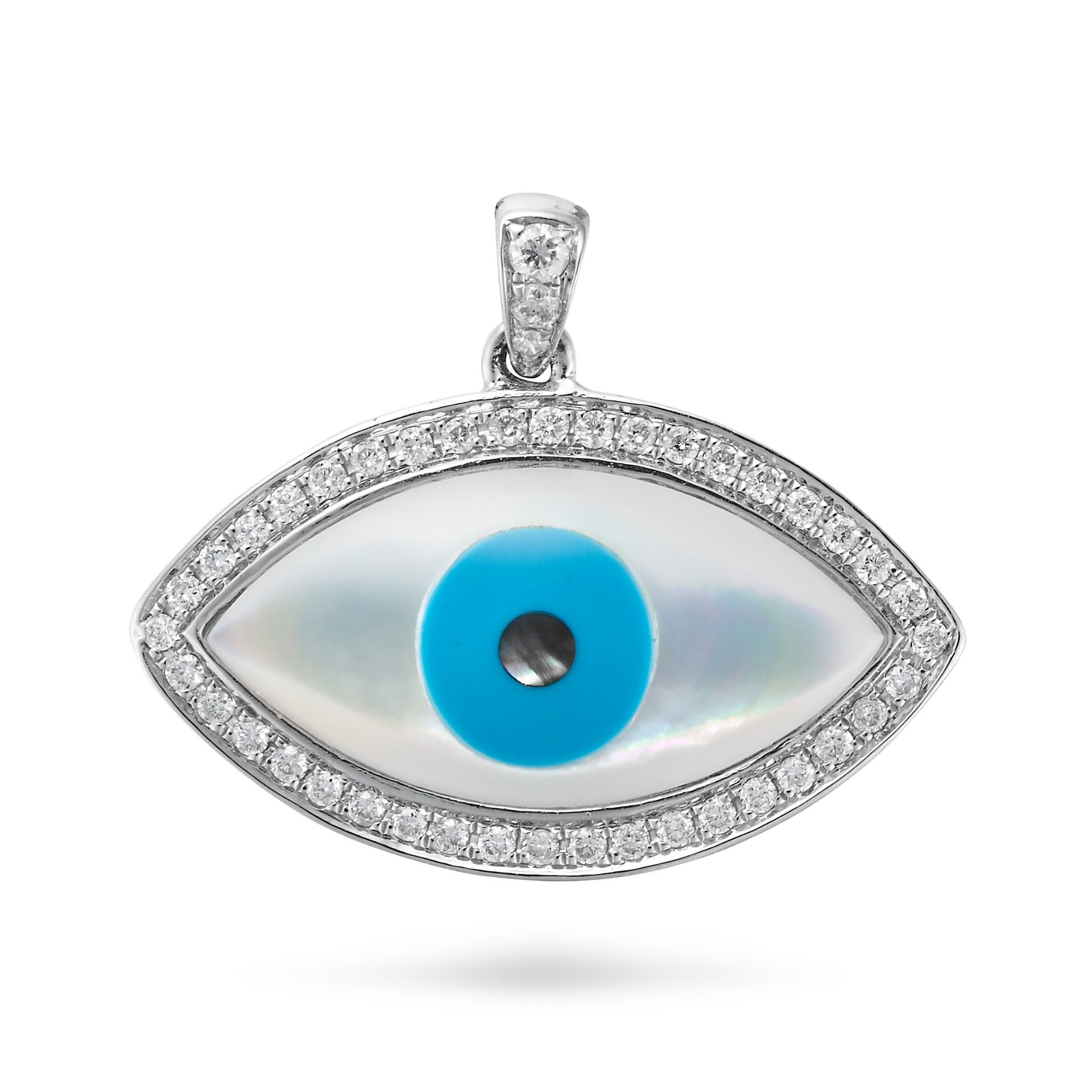 A MOTHER OF PEARL, DIAMOND AND ENAMEL EVIL EYE PENDANT designed as an evil eye set with mother of...