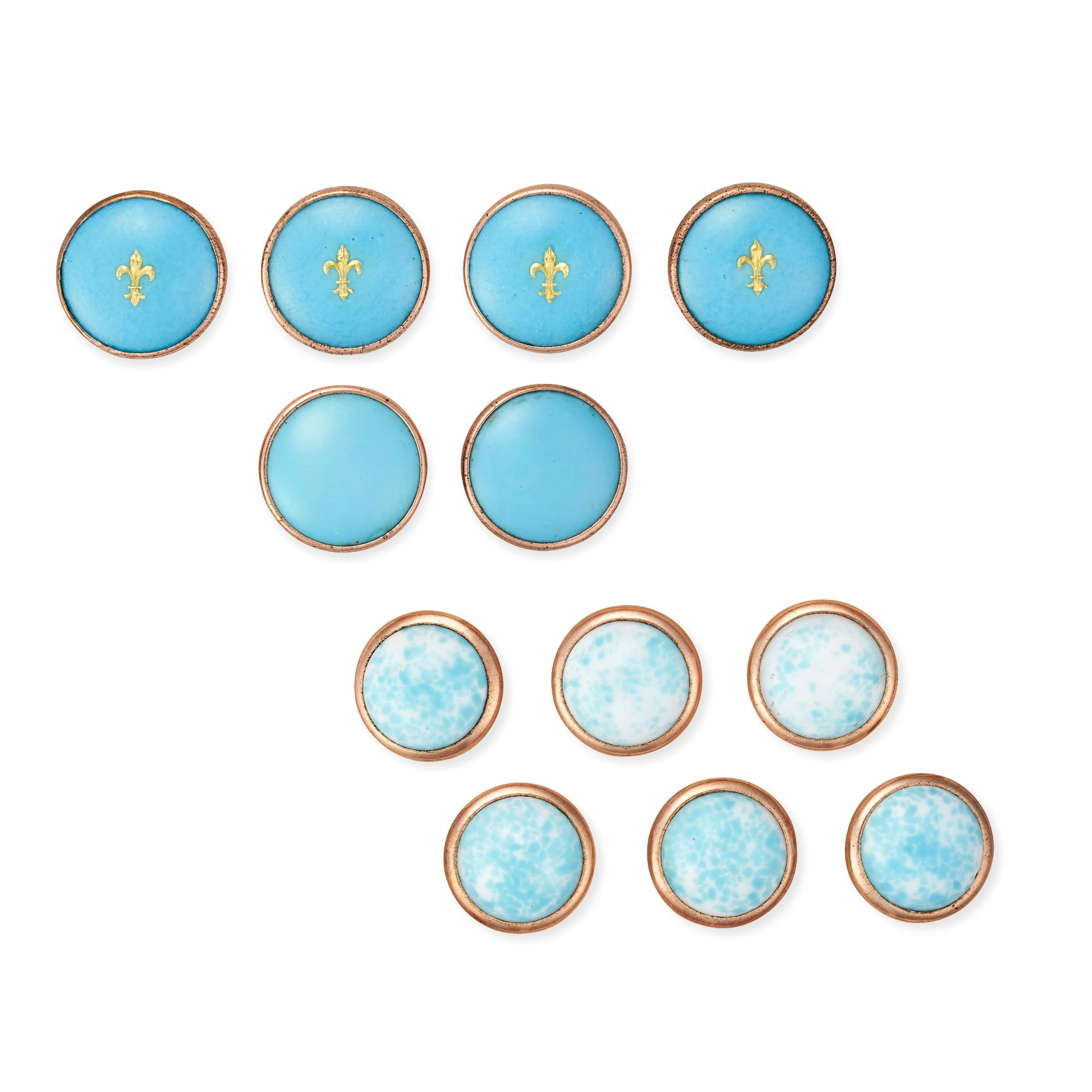 TWO SETS OF PORCELAIN BUTTONS comprising a set of six turquoise porcelain buttons, four with appl...