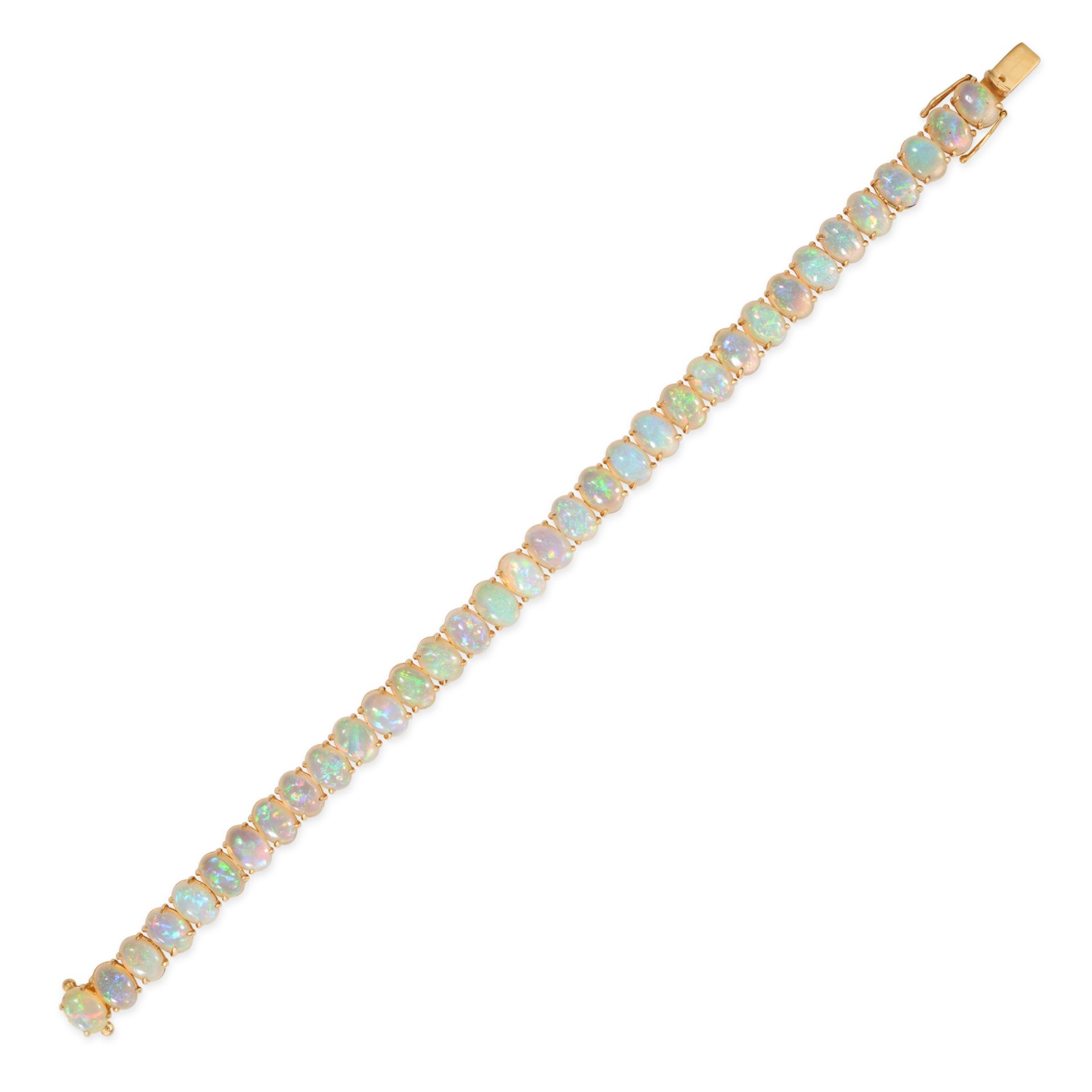 AN OPAL LINE BRACELET set with a row of oval cabochon opals, the opals all totalling 17.95 carats...