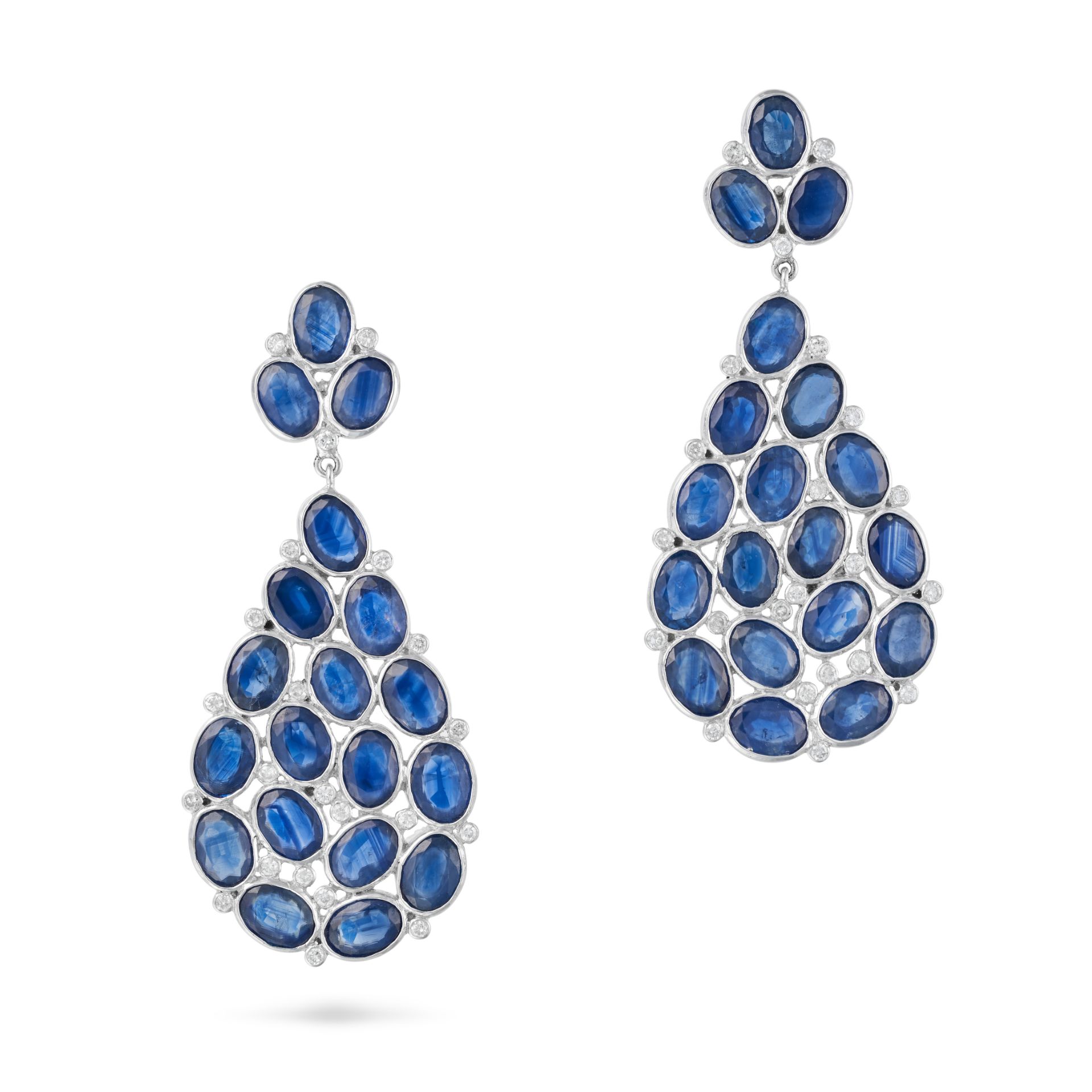 A PAIR OF SAPPHIRE AND DIAMOND DROP EARRINGS each set with a cluster of oval cut sapphires and ro...